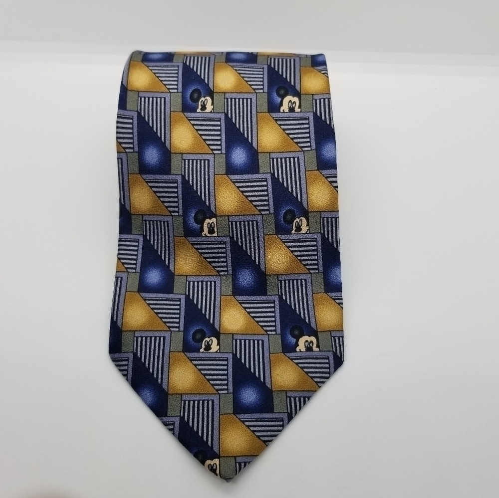 Walt Disney World blue tan gray Mickey Mouse geometric silk tie